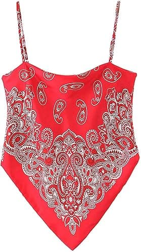 Women's Paisley Print Tie Back French Knot Hanky Hem Spaghetti Straps Handkerchief Cami Bandana Tube Crop Top - Image 1