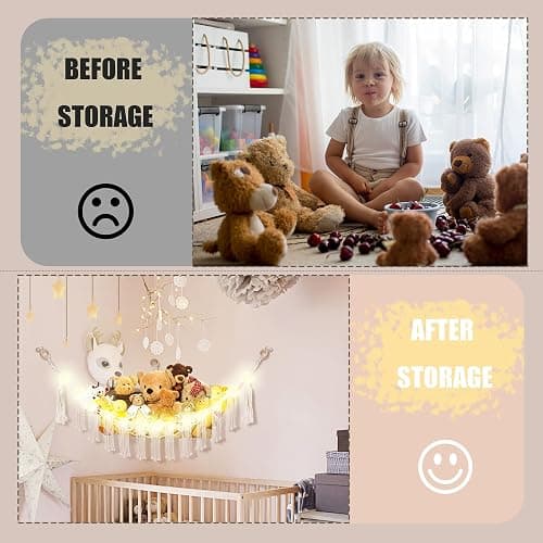 CERETIA Stuffed Animal Hammock with LED Light, Large Stuffed Animals Storage Corner Plushie Net for Kids Room Decor, White thumbnail 5