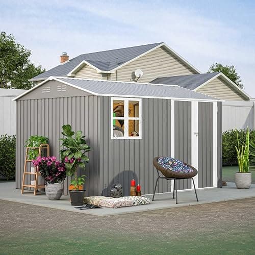 BIRCHTREE Garden Shed Steel Apex Roof House Outdoor Backyard Storage With Lockable Double Doors Window Free Foundation Tool Equipment Organizer Air Vents 10x8FT Grey - Image 1