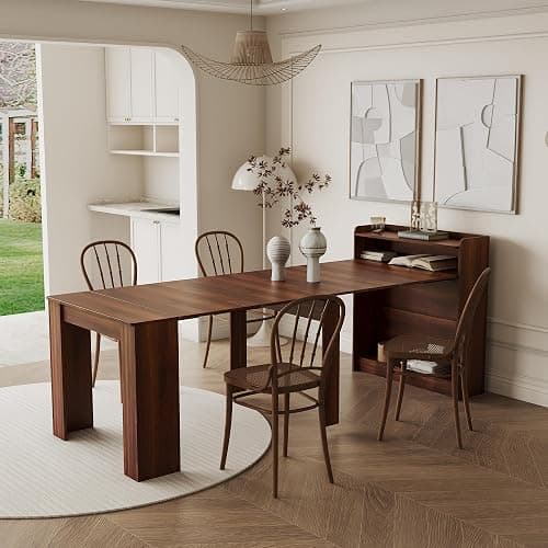 Pvillez Walnut Extendable Dining Room Table, 98.43" Expandable Dining Table with Storage Shelf, Rectangle Farmhouse Kitchen Table Extendable Wood Console Table Convertible Long Dining Table for 6 8 10 - Type1-walnut - Image 1