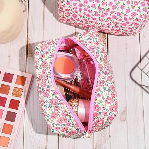 SOIDRAM Pink Makeup Bag Floral Cosmetic Bag Puffy Coquette Makeup pouch Aesthetic Cute Quilted Travel Toiletry Bag Organizer cotton Makeup Brushes Storage Bag for Women thumbnail 4