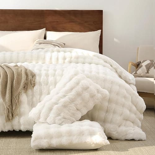 YIKUSH White Comforter Set Full – Ultra Soft & Warm Faux Fur Comforter for Winter, Elegant Fluffy Cream Comforter with Pillowcases, Cozy White Full Bedding Set thumbnail 5