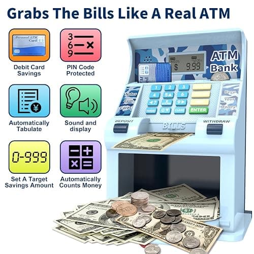 ATM Piggy Bank for Kids, Kids Bank for Real Money with Debit Card, Coin Recognition, Target Setting, Bill Feeder, Balance Calculator, Savings Machine Box, Gifts for Teen Boys Girls thumbnail 4