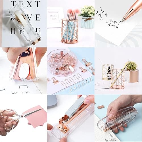 Famassi Rose Gold Desk Accessories，Office Supplies Set Acrylic Stapler Set Staple Remover, Tape Holder, 2 Ballpoint Pen, Scissor, Binder/Paper Clips and 1000pcs Staples. thumbnail 6