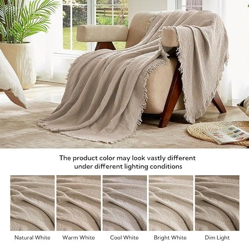 SOULFUL Muslin Throw Blanket with Tassels - Soft King Size Cotton Throw Blanket for Couch or Bed, Lightweight and Breathable Gauze for All Seasons, Light Tan, 108" x 90" thumbnail 6