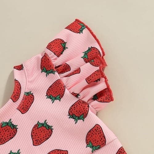 Honganda Fashion 2Pcs Toddler Baby Girl Strawberry Outfit Set Ruffle Short Sleeve Crop Top Flared Pants Summer Knit Clothes thumbnail 5