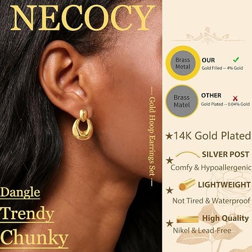 NECOCY 4 Pairs 14k Gold Hoop Plated Earrings Set for Women - Huggie Dangle Stack - Trendy Multiple Piercing Stud CZ Ear Cuff - Non Tarnish Jewelry thumbnail 4