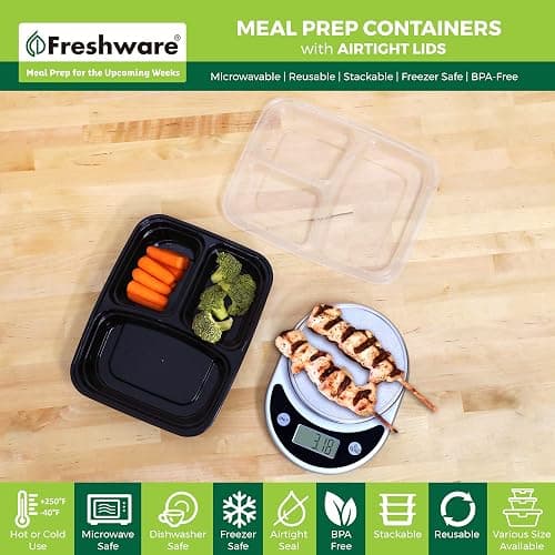 Freshware Meal Prep Containers [25 Pack] 3 Compartment with Lids, Food Storage Containers, Bento Box, Stackable, Microwave/Dishwasher Safe (32 oz) thumbnail 3