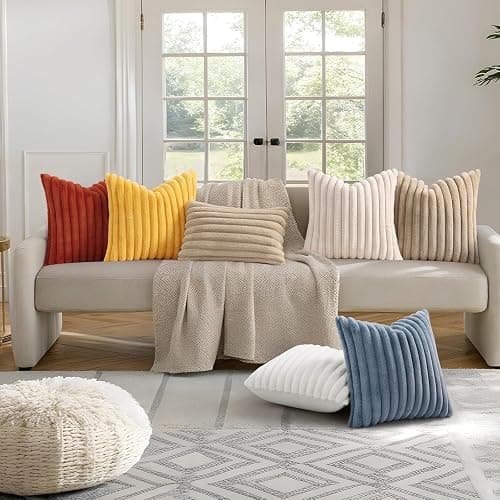 decorUhome Faux Fur Cushion Covers 45x45 cm Set of 2, Decorative Soft Plush Striped Neutral Pillow case 18X18 Inch with Velvet Back for Sofa, Bed, Living Room Home Decor, Cream White thumbnail 6