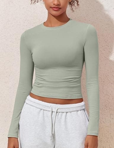 PrettyGuide Womens Cotton Long Sleeve Shirts Tight Fit Basic Y2K Crop Tops | Crew Neck Basic Tee, Fitted Going Out Tops, Compression Underscrubs Shirt, Layering Undershirt, Fall Outfits, Work Daily Wear thumbnail 6