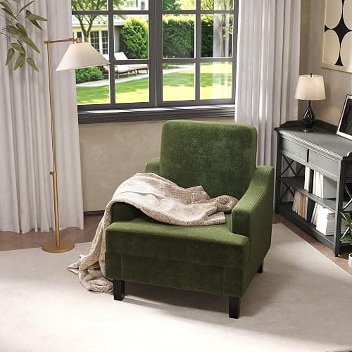 Garvee Green Comfy Accent Chair, Upholstered Armchair for Living Room | Mid Century Modern Style Sofa Chair with Solid Wood Legs, Chenille Reading Chair for Small Space, Waiting Room, Apartment thumbnail 2