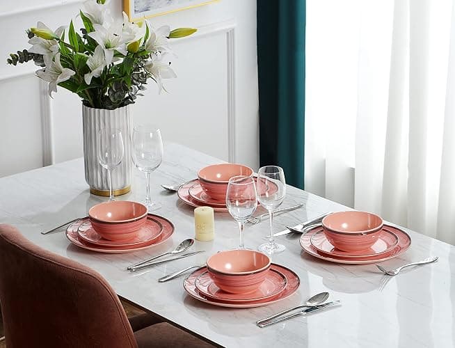 12Pcs Melamine Dinnerware Set, Plates And Bowls Sets for 4, Pink Color Dinnerware Sets, Melamine Plates Bowls Indoor and Outdoor Use Dish Set Dishwasher Safe BPA Free(Pink) thumbnail 7