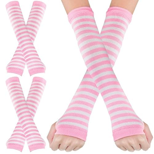 Syhood 2 Pairs Halloween Christmas Punk Gothic Rock Long Arm Warmers Knit Fingerless Gloves Thumb Hole Stretchy Women Stripe - Image 1