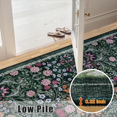 PLHXFR 8x10 Area Rug Living Room: Floral Washable Boho Carpet Dark Green | For Bedroom Dining Room Farmhouse Nursery Hallway,Vintage Floral,Machine washable,Non Slip,Stain Resistant,Large Indoor thumbnail 8
