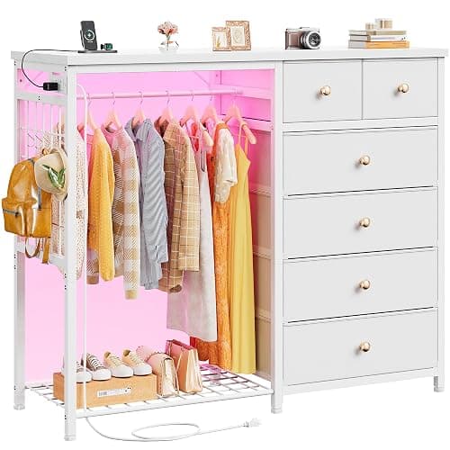 EnHomee 49.2" W Dresser with Hanging Rack & 6 Drawers, Grid Panel & 4 Hooks | Featuring LED Lights and Charging Station, Wooden Top Organize Unit for Bedroom, Chest of Drawers with Steel Frame, White thumbnail 9