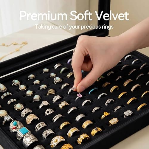 Frebeauty Ring Organizer Tray 100 Slots Ring Holder with Clear Lid Velvet Storage Box Jewelry Tray for Jewelry Store Earring Display Case for Jewelry Show Studs Box for Women(Black) thumbnail 5