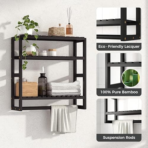 Bamworld Over The Toilet Storage Adjustable 3 Tiers Floating Shelves Bathroom Storage Shelves Organizer for Wall Mounted with Hanging Rod (Black) thumbnail 4