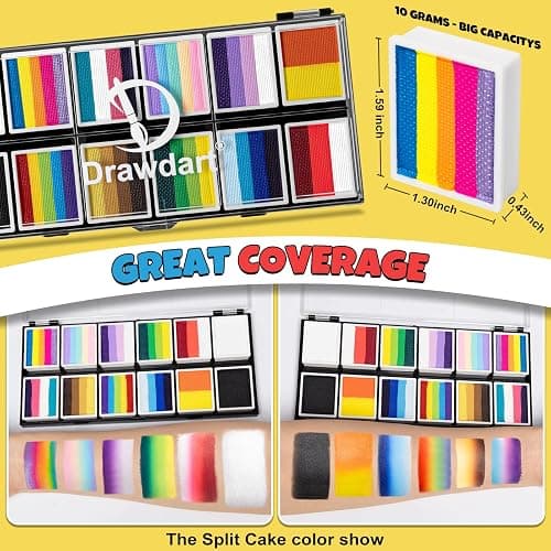 Drawdart Professional Face Painting Kit for Kids & Adults, Split Cake Face Paint Palette 12 x 10gm with Stencil, One Stroke Non Toxic Rainbow Body Paint Set for Halloween & Christmas Makeup thumbnail 8