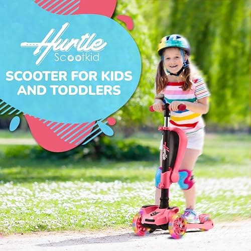Hurtle 3-Wheeled Scooter for Kids - Wheel LED Lights, Adjustable Lean-to-Steer Handlebar, and Foldable Seat - Sit or Stand Ride with Brake for Boys and Girls Ages 1-14 Years Old thumbnail 3