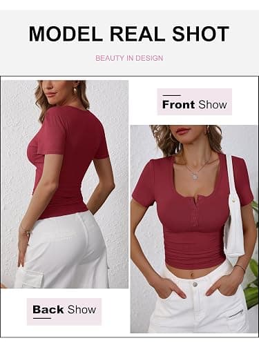 ANRABESS Womens Short Sleeve Henley Shirts Ribbed Slim Fitted Tee Summer Work Tops 2026 Button Blouse Spring Vacation Clothes thumbnail 6