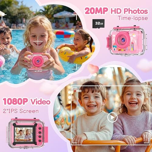 Pool Toy & Kids Underwater Camera - 99FT Waterproof Kid Action Camera 1080P Video&20MP Photo with Flip Lens, Includes 32GB Card for Diving Swimming Beach Snorkeling,Birthday Gift for Girls - GKTZ thumbnail 8
