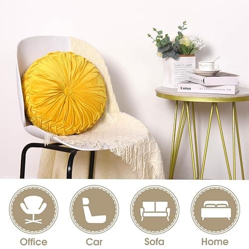 HIG Set of 2 Yellow Ruched Velvet Round Throw Pillows – 14.5’’ Decorative Pillows with Soft Polyester Filling for Couch, Bed, Living Room, Bedroom, or Dorm – Handmade, Stress Relieving, All-Season thumbnail 5