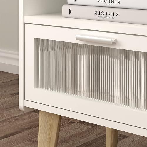 MMEOLUOOK Nightstand with Charging Station, Bedside Tables with Glass Decorative Door, End Table Side Table with 2 Tiers Storage Space, for Bedroom, Living Room, White CAMLBZ07WE thumbnail 6