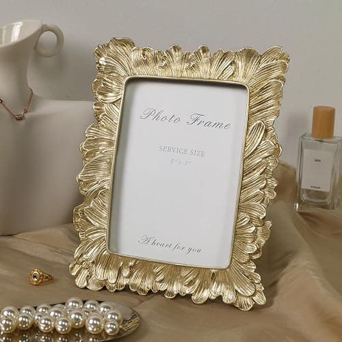 Cuspin 5x7 Picture Frame Gold Frames, Vintage Ornate Palm Leaves Textured Hand-Crafted Resin Frame with Glass Front, Elegant Retro Photo Frame for Wall and Tabletop Display Home Decor thumbnail 2