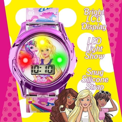 Mattel Barbie Kids Digital LCD Watch with Curved Bezel, Flashing Dial Lights and Printed Pink Strap Featuring Barbie and Unicorn Graphics Ages 4+ Fits Wrists 5.5"-8" thumbnail 3