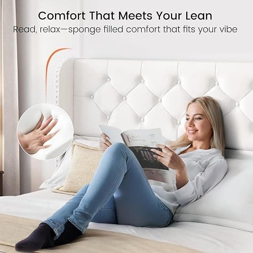 LARMACE Queen Size Bed Frame with 4 Storage Drawers and Wingback Headboard Velvet Upholstered Platform Bed Frame Tufted Beds with Wooden Slats Support, Easy Assembly, White thumbnail 3