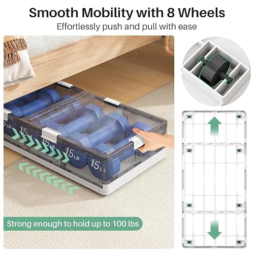 Kitstorack Clear Plastic Under Bed Storage Containers Bins with Lids and 8 Pre-installed Wheels,37.8 Qt, Rolling Foldable Flat Under Bed Organizer Boxes for Clothes Shoes Clothing Bedroom thumbnail 5