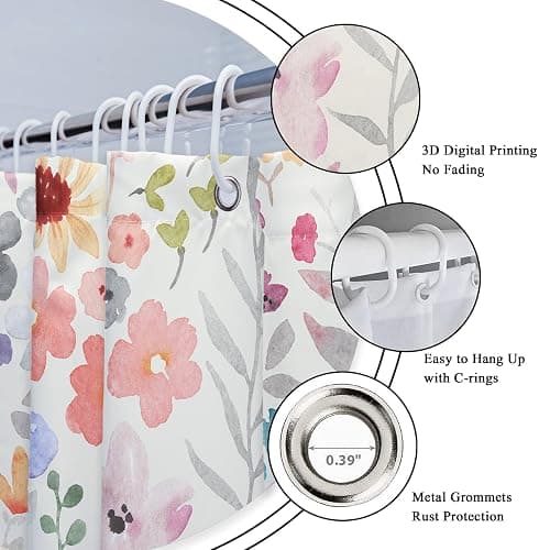 Riyidecor Colorful Cute Floral Shower Curtain for Bathroom Decor 60Wx72H Watercolor Flower Plants Botanical Kids Funny Multicolor Art Printed Fabric Polyester Waterproof 12 Pack Plastic Hook thumbnail 6