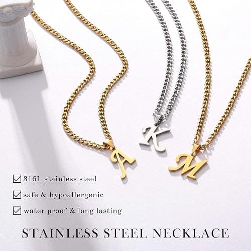 LUXEJEW Initial A-Z Letter Necklace for Men Boys Women, Stainless Steel Cuban Link Chain Letter Pendant Necklaces Capital Monogram Necklace Jewelry Gifts for Men 20+2 Inches thumbnail 8