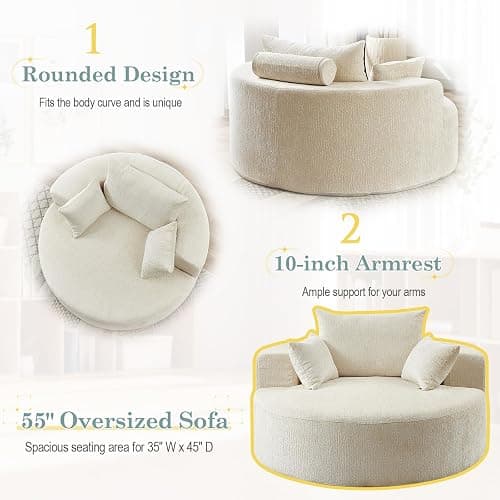 Oversized Round Chaise Longue Chair Indoor, Modern 55-inch Upholstered Chenille Deep Seat Circle Single Cloud Lounge Floor Sofa Chair for Living Room, Bedroom Apartment, Beige thumbnail 5