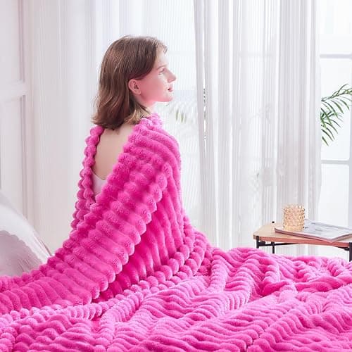 NEWCOSPLAY Super Soft Twin Blanket Hot Pink Premium Silky Flannel Fleece 3D Ribbed Jacquard Lightweight Bed Blanket All Season Use (Hot Pink Ribbed, Twin(60"x80")) thumbnail 8