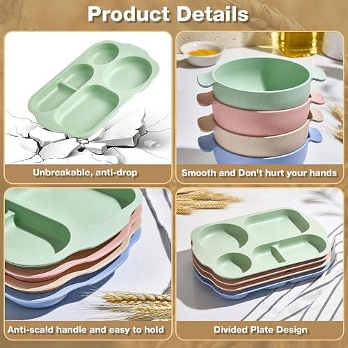 Hlukana 24 Pcs Wheat Straw Dinnerware Cutlery Set, Unbreakable Tableware Set, Including Kids Toddlers Divided Plates, Bowls, Cup, Cutlery Spoons Knifes Forks, BPA Free, Microwave Dishwasher Safe thumbnail 6