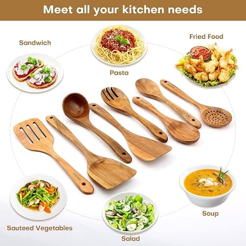 AIUHI Wood Spoons for Cooking, Nonstick Kitchen Utensil Set, Wooden Spoons Cooking Utensil Set Non Scratch Natural Teak Wooden Utensils for Cooking (Teak 8 Pack) thumbnail 6