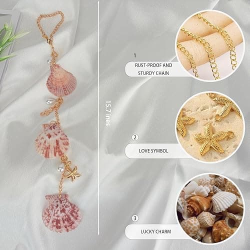 Sea Shells Car Decor,Cute Coastal Hanging Car Charm for Rear View Mirror, Boho Beach Themed Pendant,Hand-Made Starfish Conchas Ornament Accessories for Women thumbnail 3