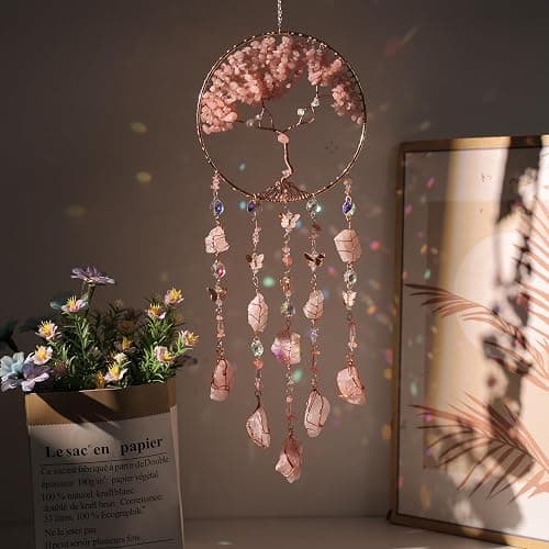 Pink Dream Catchers Crystal Tree of Life Dreamcatcher with Rose Quartz Butterfly Crystal Suncatcher Prism Hangings Wall Window Bedroom Room Decor Gift for Girls Boys Adults thumbnail 7