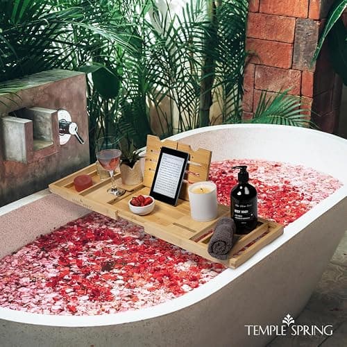 Temple Spring Foldable Bamboo Bathtub Tray Caddy for Tub — Expandable One-Piece Wood Bath Table with Wine Holder Book Stand and Non-Slip Pads — Space-Saving Bath Caddy — Housewarming thumbnail 4