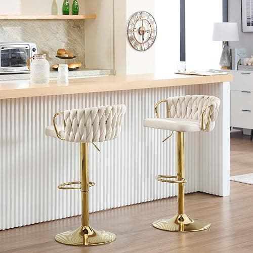 WOLTU Lot de 2 Tabouret de Bar avec Dossier Tissé et Repose-Pieds, Tabouret Pivotant à 360°, Hauteur Réglable, Base Évasée en Métal, Crème, BH426cm-2 thumbnail 2