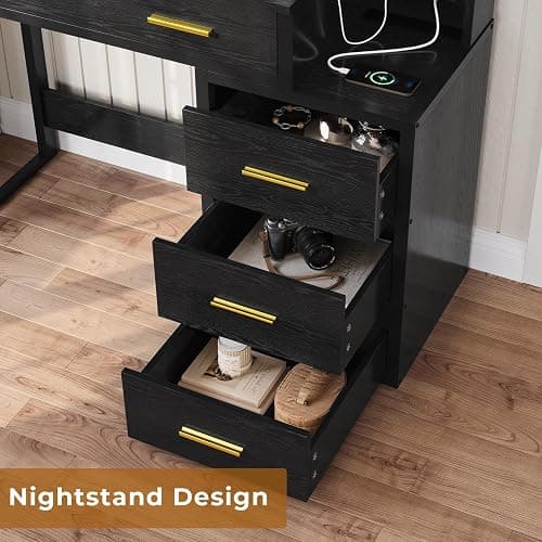 Tiptiper Makeup Vanity with Lights, Black Vanity Desk with Mirror & 3 Lighting Modes, Vanity Table with USB Ports and Outlets, Makeup Table with Nightstand & Storage Shelves & Drawers (Modern Black) thumbnail 6