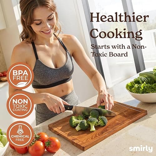 SMIRLY Wood Cutting Boards for Kitchen Wooden Chopping Board Set Reversible with Deep Juice Grooves Grip Handles, Large Charcuterie Tray, Ideal for Chopping Meat Vegetables Teak Wood, 3Pcs with Holder thumbnail 5