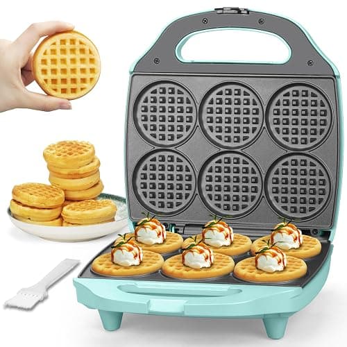 Baker's Friend Multi Mini Waffle Maker Machine, 6 x 3'' Small Waffle Iron, Perfect for Families and Individuals Use, Excellent Choice for Breakfast Brunch Parties & Events, Aqua - Image 1