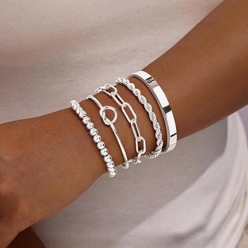 Gokeey Gold Bracelets Set for Women Non Tarnish, Waterproof 14K Gold Plated Sterling Silver Chunky Cuff Bracelet Stackable Gold Bangles Bracelet for Women Trendy Fashion Accessories Tie Knot Cuban Rope Paperclip Beaded Bracelet Stack Jewelry Mothers Day Gifts for Mom Birthday thumbnail 3