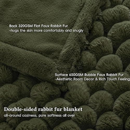 David's Home Double-Sided Faux Rabbit Fur Throw Blanket Twin Size, Reversible Luxury Soft Thick Shaggy Warm Fuzzy Bubble for Couch,Cozy Plush Fluffy for Fall Winter,Winter Moss,60 "* 80" thumbnail 3