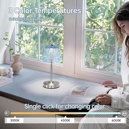 Shenmoyl Cordless Touch Table Lamp with 5200mAh Battery - 3 Adjustable Color Temperatures & Dimmable, Rechargeable Lamp for Bedroom, Living Room, Office, Entryway, Bookshelves (Clear Light Blue Rose) thumbnail 4