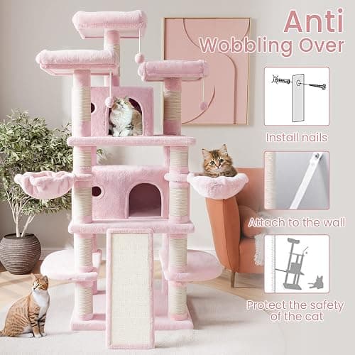SHA CERLIN 68 Inches Multi-Level Large Cat Tree for Large Kitties/Big Cat Tower with Condo/Cozy Plush ‌Pussycat Perches/Sisal Scratching Posts and Hammocks/Activity Center/Pink thumbnail 6