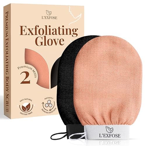 L'Exfose Kessa Hammam Deep Exfoliating Glove 2pc - Korean Exfoliating Mitt for Shower Ideal for Dead Skin Remover, Keratosis Pilaris & Self-Tanning to Improve Skin Tone Made with 100% Natural Viscose - Image 1