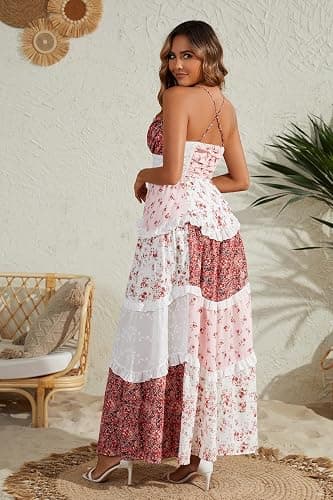 Women Floral Maxi Dress Spaghetti Straps V Neck Lace Patchwork Flowy Tiered Boho Beach Sundress Long Dresses thumbnail 6